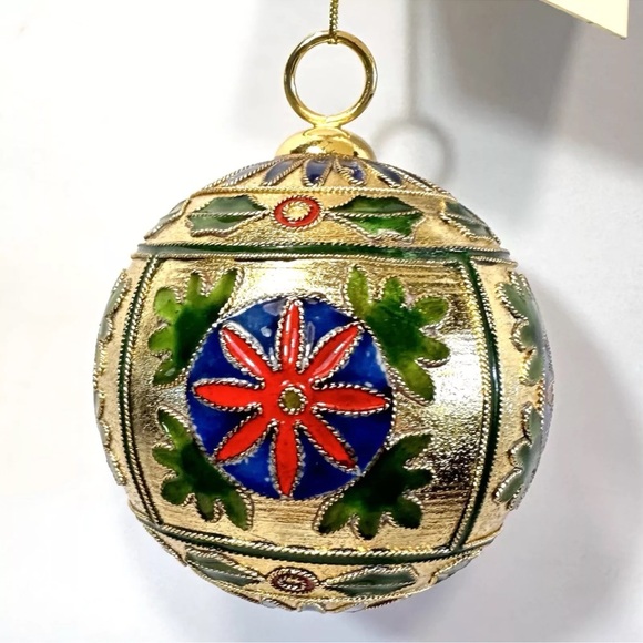 Cloisonné Enamel Ornament Gold Plate Red Blue Green Flower & Holly Artisan Made - Picture 2 of 13